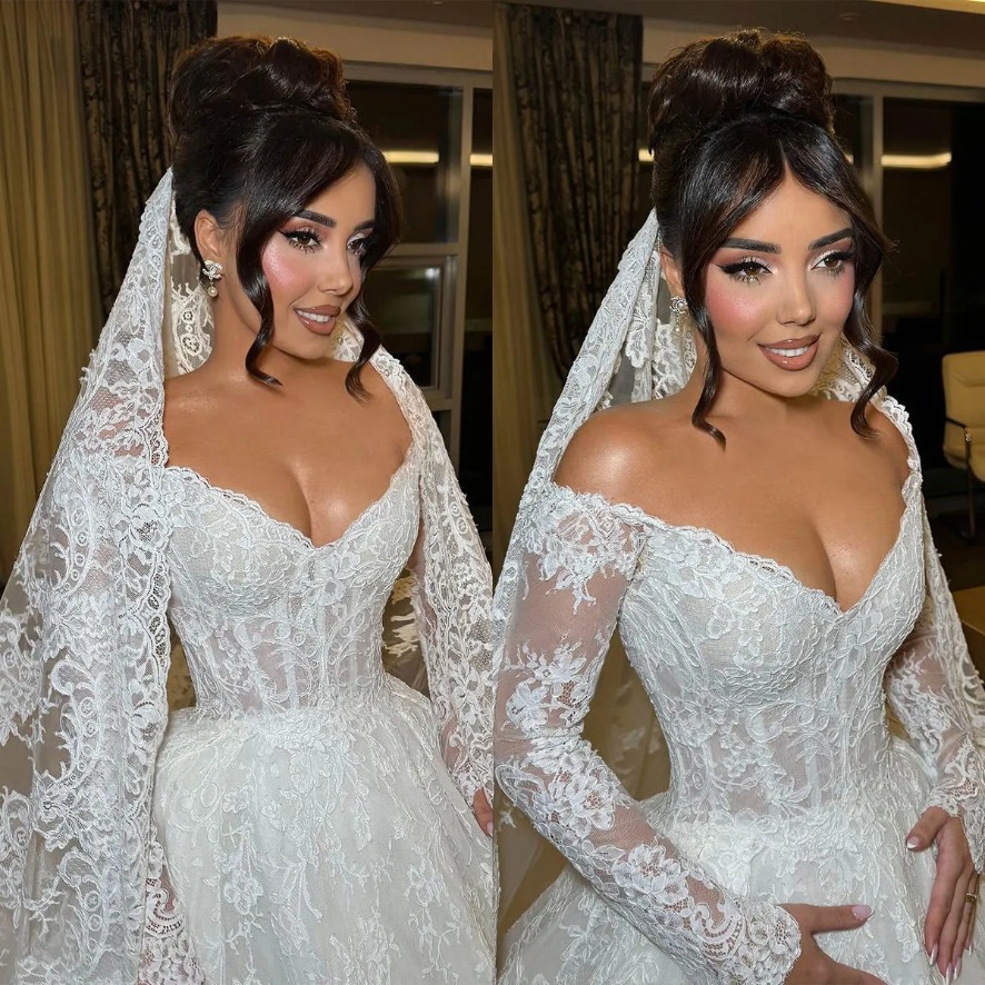 Simple Wedding Dresses Lace Off The Shoulder Bride Gown A E Long Sleeves Princess Illusion Bridal Dress Custom Made Sweep Train Vestidos De Novia 09