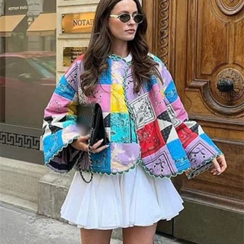 Fashion Printed Patchwork Women Cotton Coat O-neck Flare Long Sleeve Cardigan Jackets Autumn Lady Loose Short Street Tops 240729
