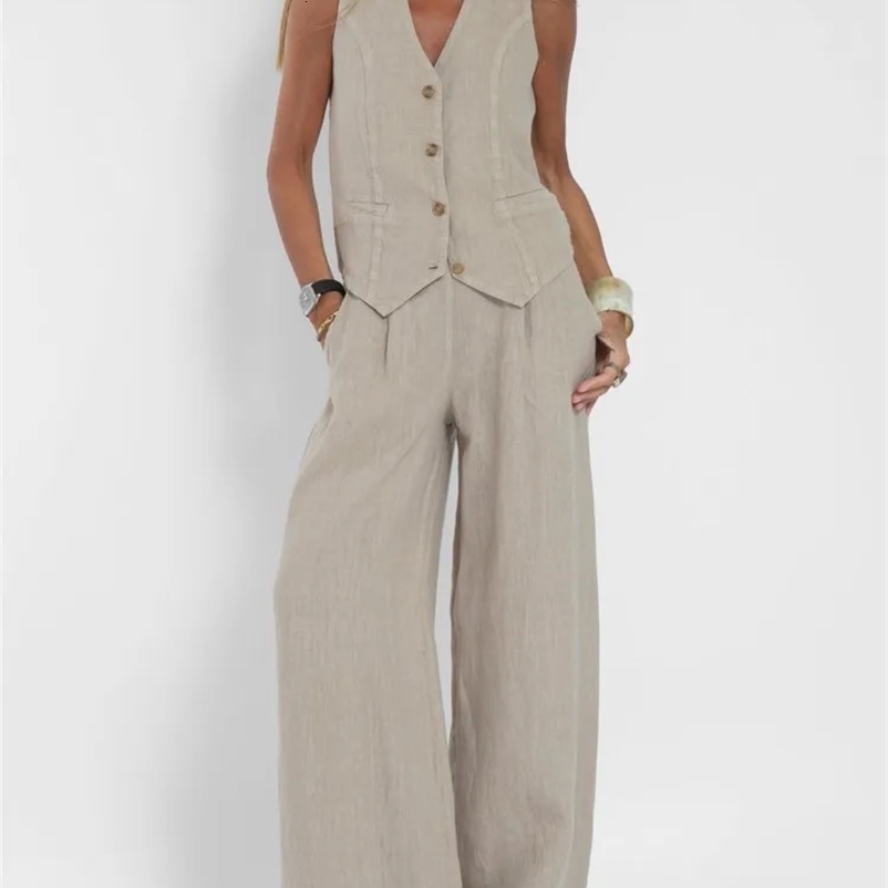 Summer cotton linen womens 2-piece solid color fashion vest top and long Trouser patch workwear casual womens clothing 250327