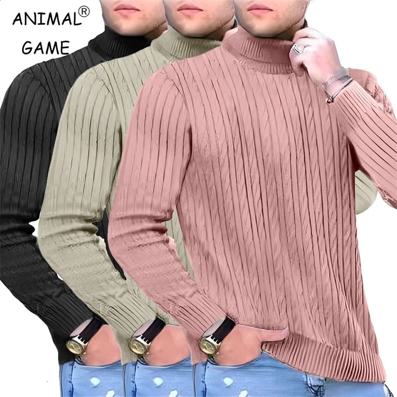 Autumn Mens Turtleneck Knitted Sweaters Winter Warm Oversized Pullover Sweater Breathable Solid Color Streetwear Tracksuit 240729