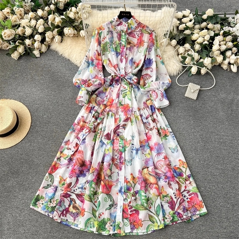 Bohemian Floral Chiffon Summer Dresses for Women Runway Stand Lantern Sleeve Belt Beach Holiday Long Vestidos Boho Robe 2056 250322