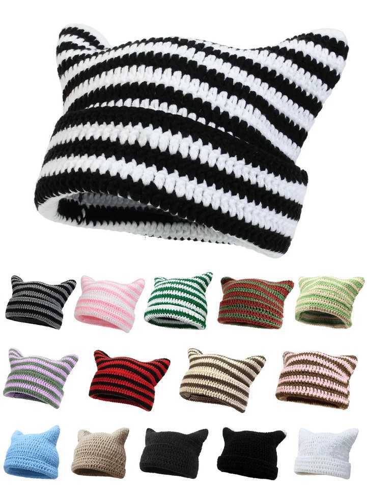 Cute Cat Ear Beanie Crochet Hats for Women Girl Knitted Y2K Striped Winter Warm Loose Fit Handmade HipHop Stylish Skullies CapXJ250923
