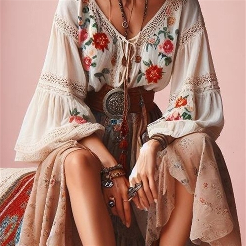 Lantern Sleeves Boho Blouse Floral Pattern V Neck Lace Patchwork Ethnic Style Women Tops Spring Summer Autumn Chic Blouses 250310