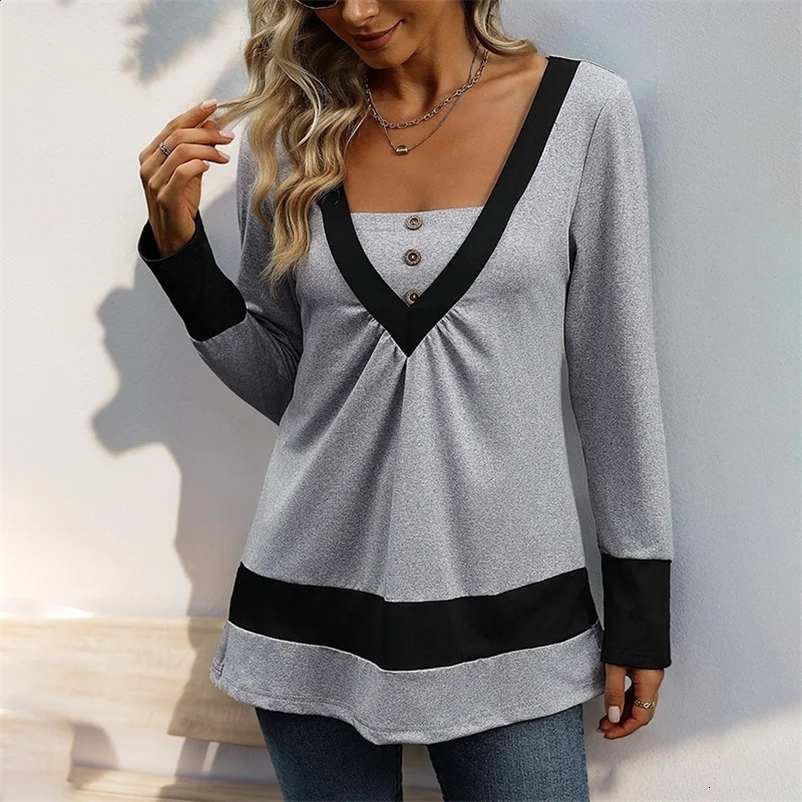 European and American Foreign Trade Simple Solid Color Long Sleeved T-shirt Color Blocking Casual Home T-shirt Top for Women 240823