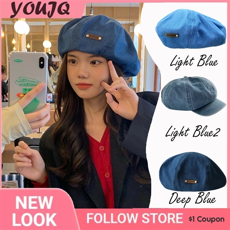 Berets Y2k Harajuku Adjustable PU Patch Women Big Size Beret Retro Blue Denim Girl Painter Mushroom Hats for Female Sombreros De Mujer 231018