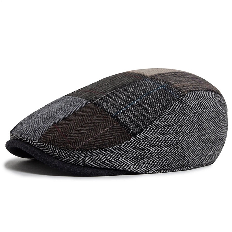 Vintage Wool Patchwork Beret Men Autumn Winter Warm sboy Hat Fashion Flat Visor Cap Casual Retro Berets For Mens 241226