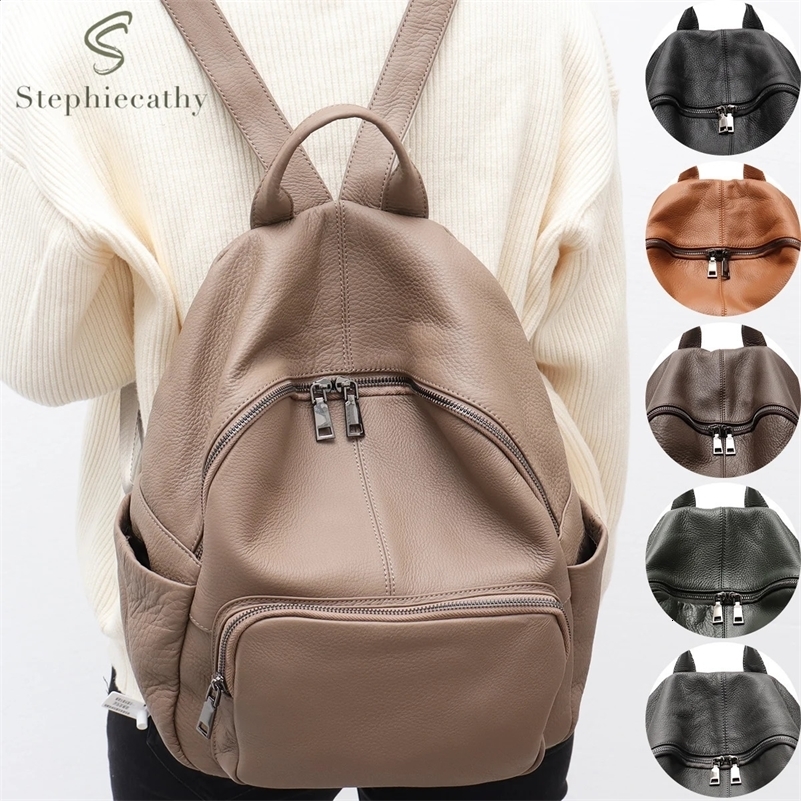 Fashionable Soft Real Cowhide Backpack Women Men Multi Zip Pockets Solid Color Versatile Daily Casual Spacious Knapsack Travel 240726
