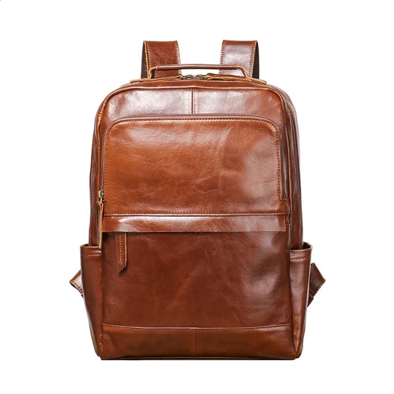 Nesitu High Quality Retro Brown Black Top Leather 14 inch Laptop Womens Backpack Cowboy Travel Bag M1051 240918bj