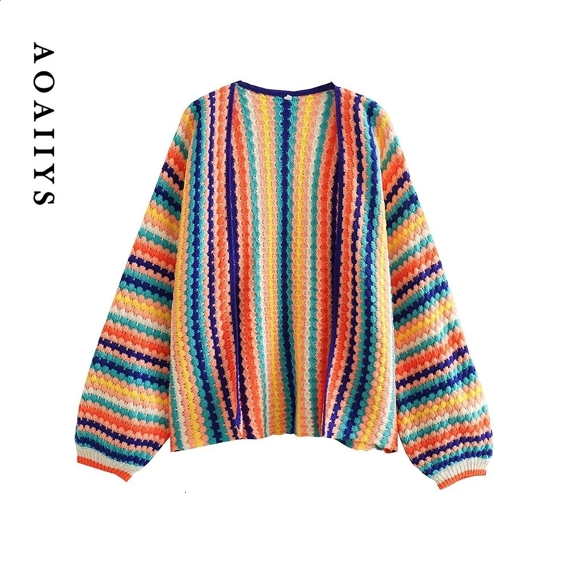 Aoaiiys Knitted Cardigan Women Sweater Striped Rainbow Oversized Cardigans Warm Autumn Winter Long Sleeve Fashion Sweater Coat 240815