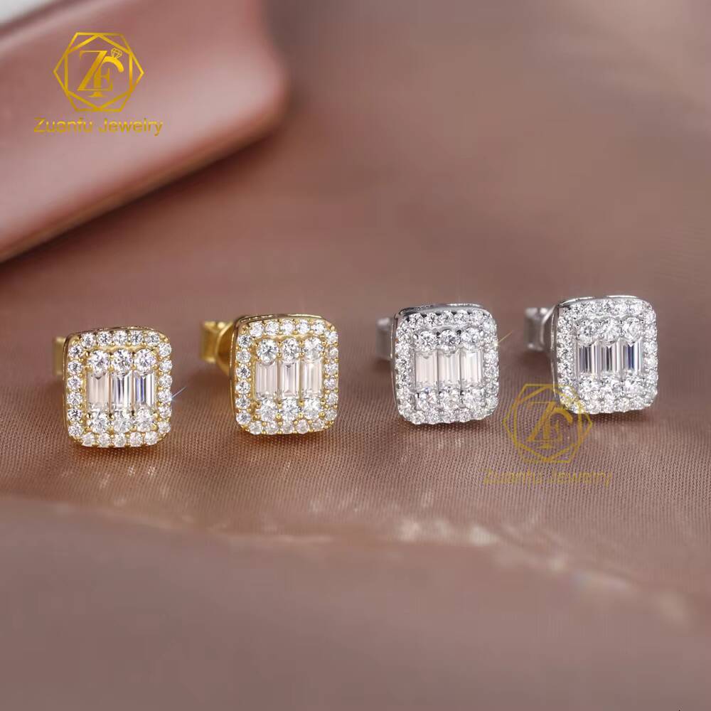 2025 Hot Sale Iced Out Round Moissanite 925 Sterling Silver 18k White Gold Plated baguette Moissanite Cluster Earrings