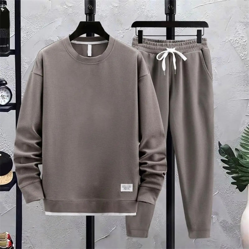 Sports Hooded Men Tracksuit Crew Neck Solid Color Men Sweatshirt Pants Set Elastic Waist Drawstring Ankle-banded Jogging Suit 250121