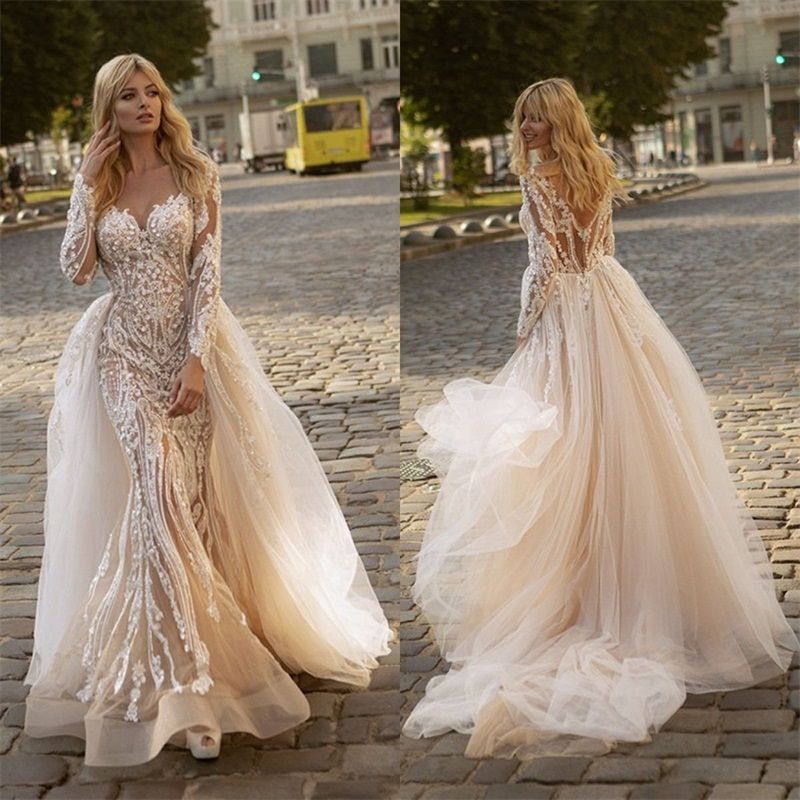 Elegant Mermaid Wedding Dresses: Appliqued Lace Bridal Gown with Detachable Train and Long Sleeves, Custom Made for a Gorgeous Silhouette