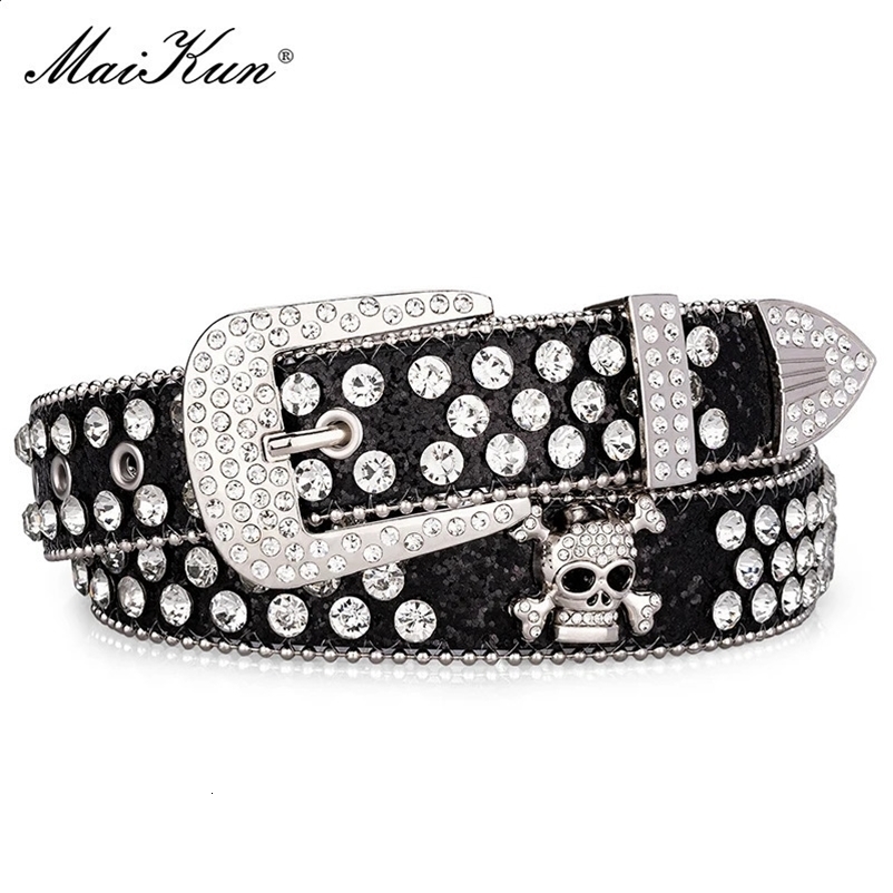 Maikun Bb Black Rhinestone Bling Belt Cowgirl Cowboy Belt With Sparkly Simon Diamond Belt For Men Western Head Skull Buckle 250519bj