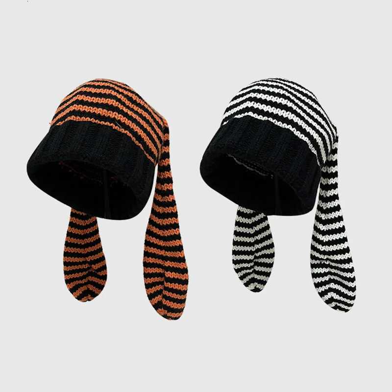 Japanese Cute Fivestar Rabbit Wool Hat Female Ears Striped Devil Knitted Pullover Hat Contrasting Color Cold Hat To Keep WarmXJ250923