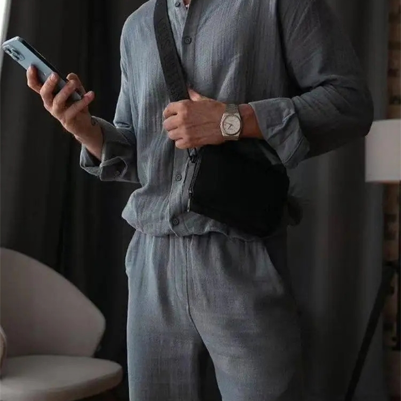 2025 Spring Fall Casual Mens Cotton Two Piece Suits Long Sleeve Stand Collar Tops And Pants Outfits Men Fashion Solid Color Sets 241224