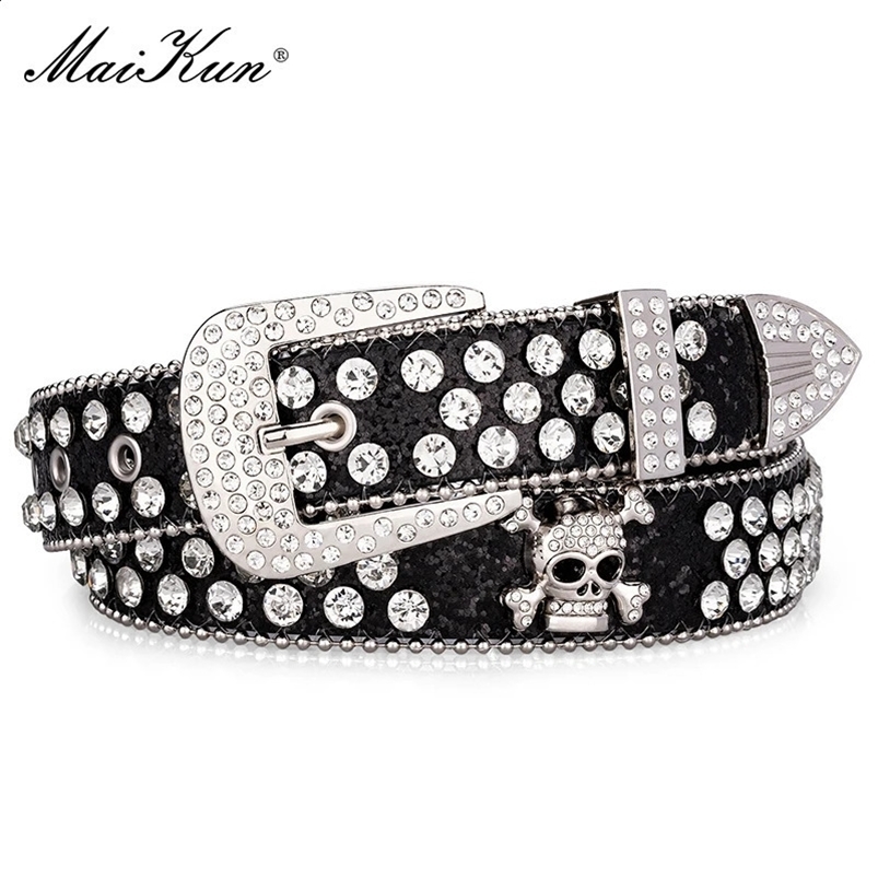 Maikun Bb Black Rhinestone Bling Belt Cowgirl Cowboy Belt With Sparkly Simon Diamond Belt For Men Western Head Skull Buckle 250326