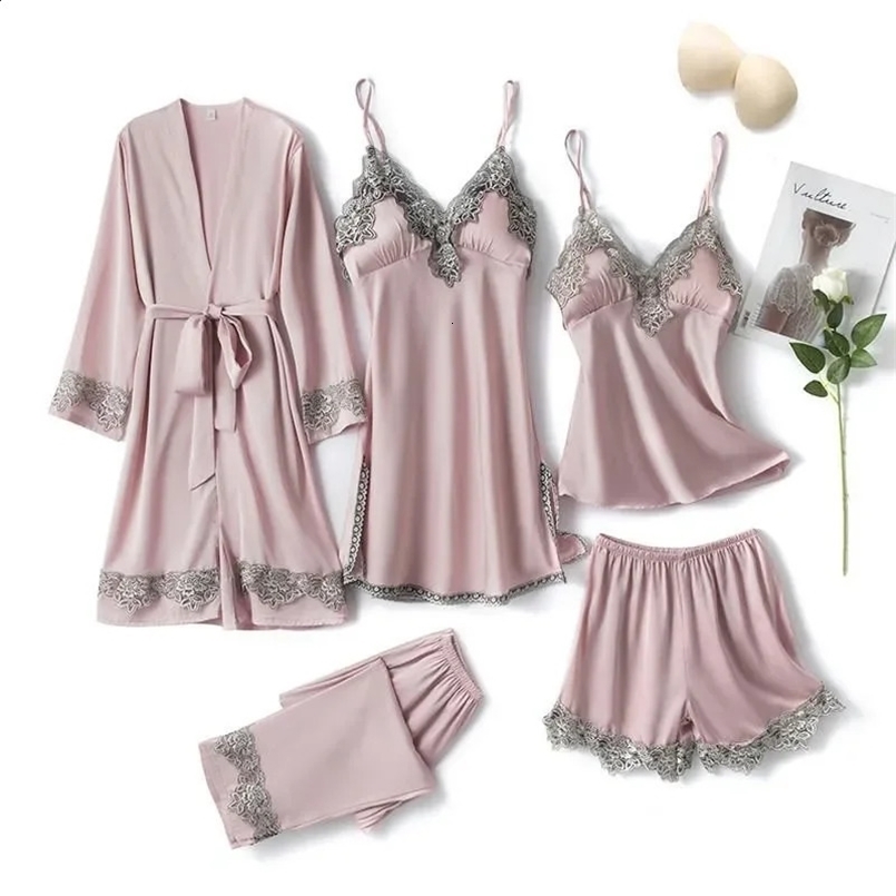 Pink Women Rayon 5PCS Robe Gown Sets Sexy Lace Floral Trim Bride Dressing Sleep Suit Loose Lingerie Pajamas Set Kimono Nightgown 240913