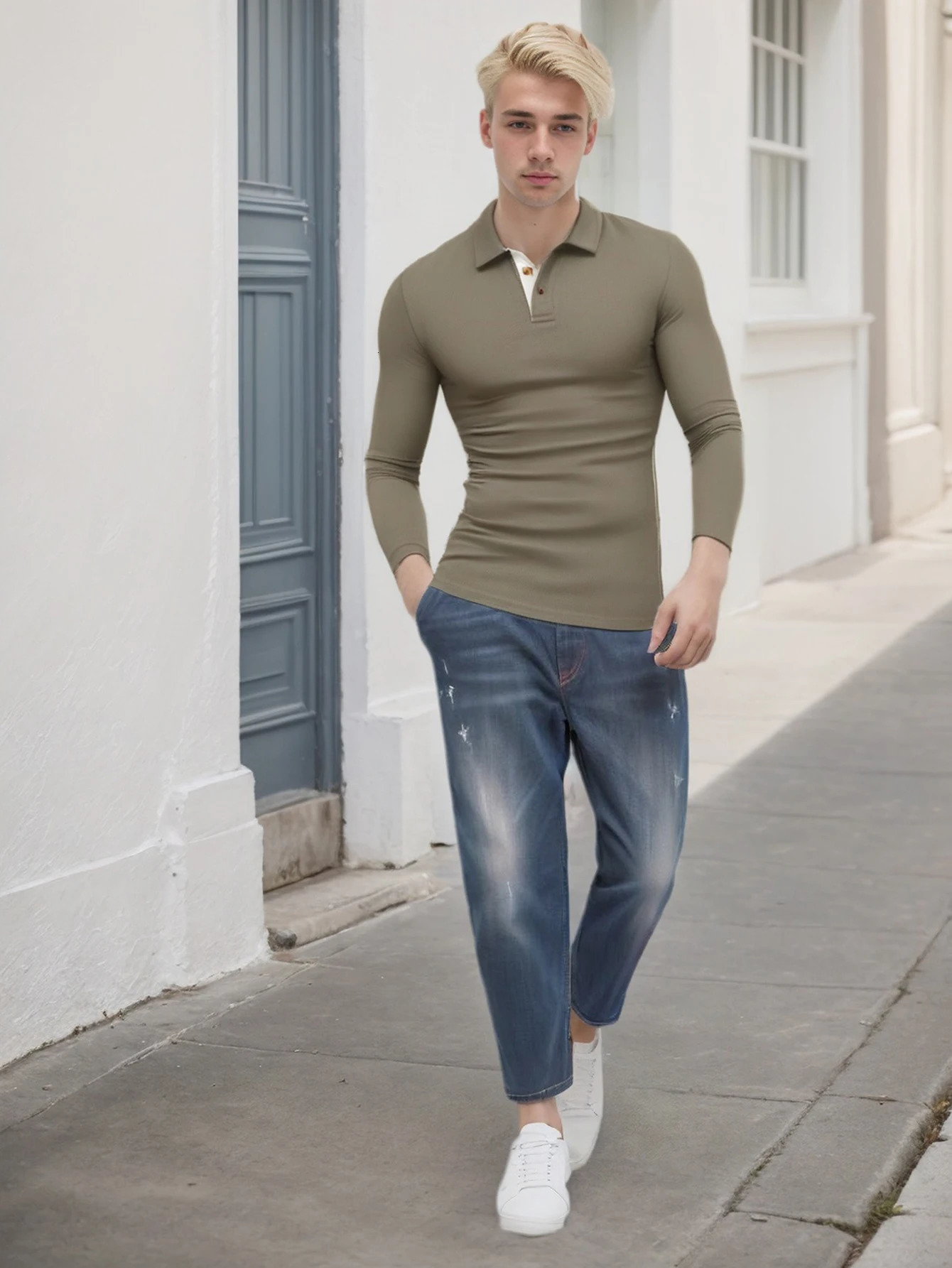 Mens Classic Long Sleeve Polo Shirt Loose Casual Button Lapel Shirt Tops 250922