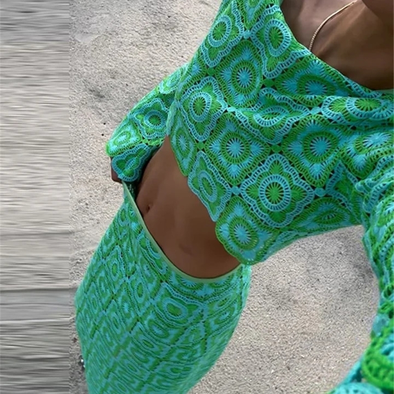 Crochet Hook Knitted Hollow Out Skirt Suit Women Long Sleeve O-neck Cropped Top High Waist Skirts 2 Pics Summer Lady Beachwear 241224