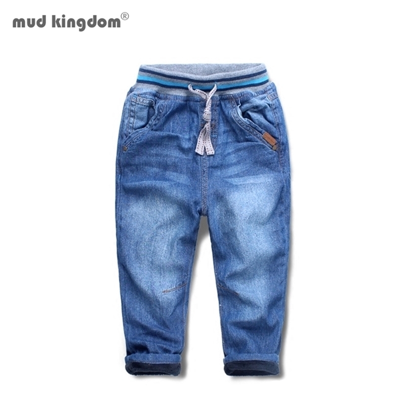 Mudkingdom Kids Jeans Drawstring Pants Autumn Winter Fleece Warm Denim Casual Trousers for Boys Slim Fashion Clothing 211102