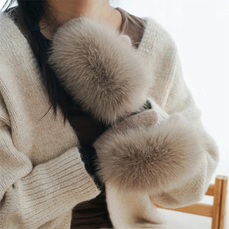 Real fox womens fur gloves plush warm hand gloves thick and velvet fashionable gloves winter 240921bj