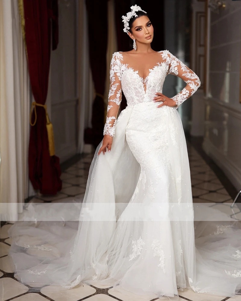 Plus size Wedding Dresses Luxury Long Sleeve Bridal Gown Full Lace Vestidos De Noiva Custom Made 01