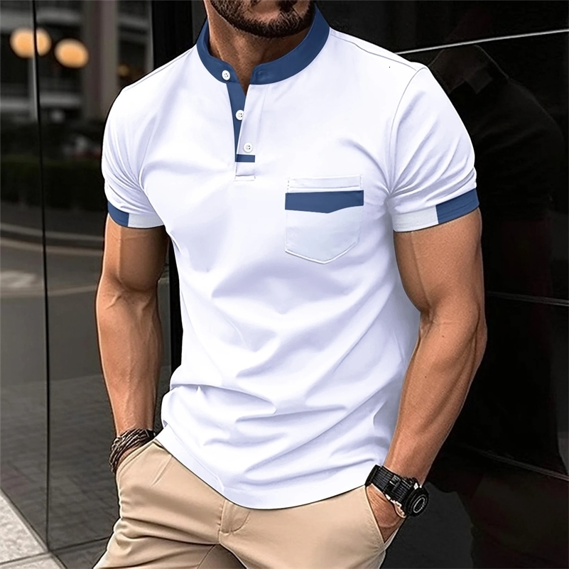 2024 male stand collar solid color short-sleeved Henry shirt chest pocket leisure entertainment mens POLO shirt 250116