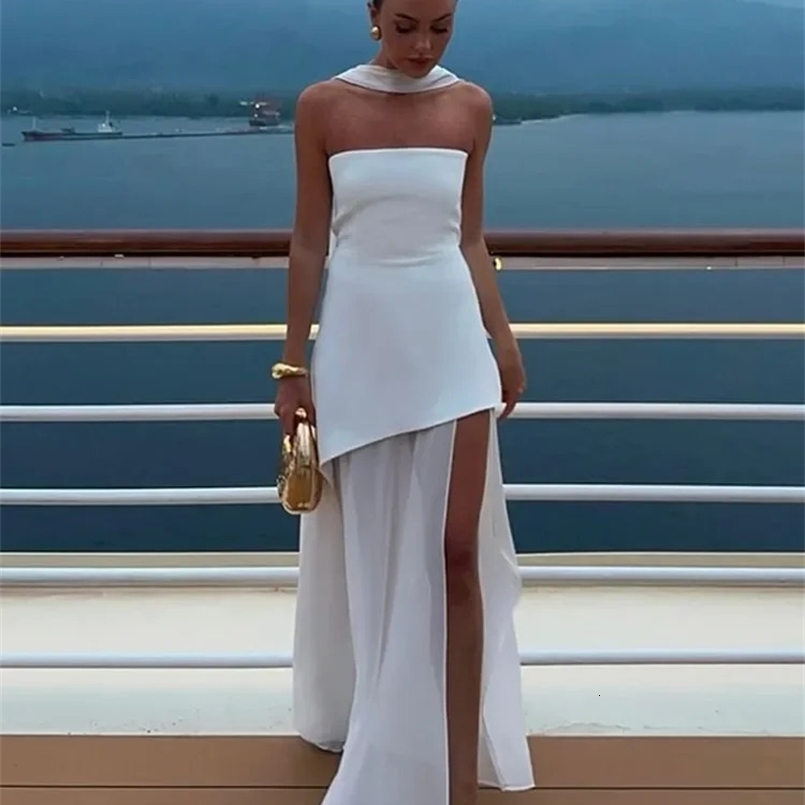 Fashion Strapless Ribbon Mesh Patchwork Maxi Dress Elegant Sleeveless Backless Vacation Long Robes Women Beach Dresses 250422