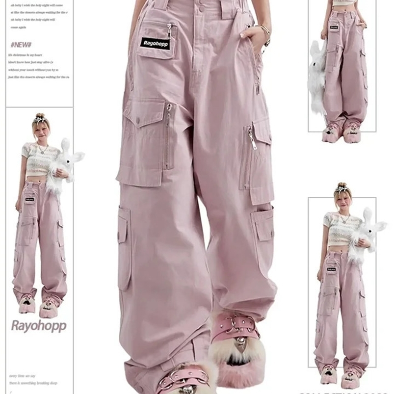 Womens Pink Cargo Pants Vintage Harajuku Y2k Aesthetic Loose Parachute Pants Oversize High Waist Baggy Trousers 2000s Clothes 240816
