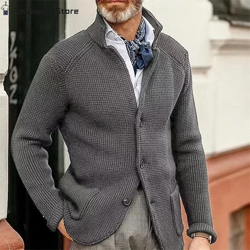 Mens Thicken Knitted Cardigan Sweater Autumn Winter Solid Color Fashion Slim Long-sleeved Stand-up Collar Knitting Jacket Coat 241227