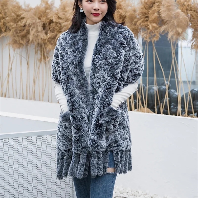 190*36cm Winter Knitted Real Rex Rabbit Fur Scarf with Pocket Wide Women Natural Rabbit Fur Tassel Shawl Warm Long Fur Scarves 240914