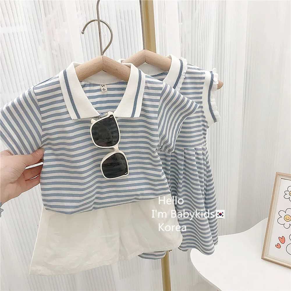 Summer Children Brother Sister Look Set Kid Baby Girls Striped Short Sleeve Polo Sundress Thin Tshirts Solid Shorts 2PCS Outfit X250923