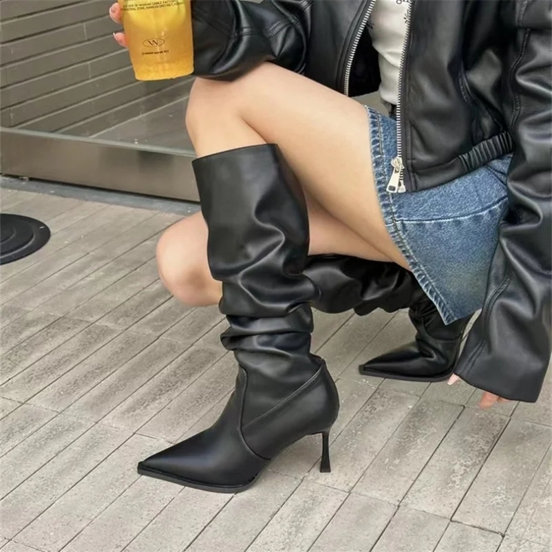 2024 Sexy Winter Women High Boots Fashion Pointed Toe Stiletto Heel Long Boots Ladies Elegant Knee High Boots Shoes 250407bj
