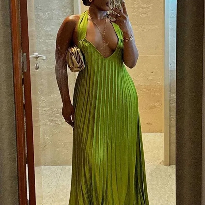 Robes de soirée vertes femme élégante robe plissée d'été sexy creux de la dame couche couche sans dos robe en gros drop 250121
