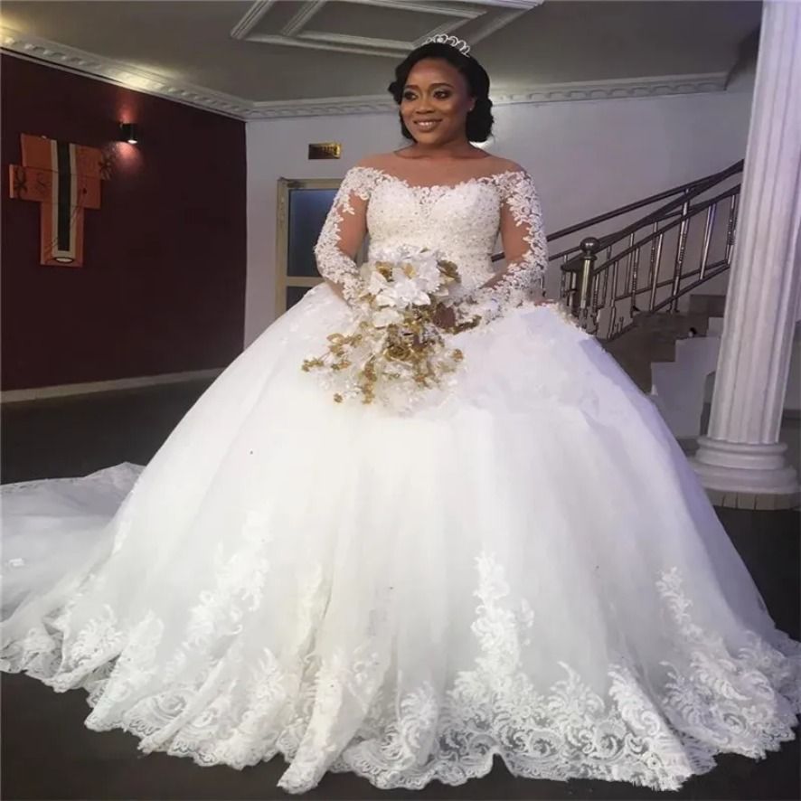 Luxury Nigeria Ball Gown Wedding Dressses 2025 Elegant Long Sleeve Beaded South African Bridal Dresses Appliques Lace Bride Country Vestios De Fiest