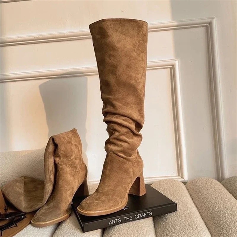 Mujeres de gamuza Botas altas Tallas altas plisadas zapatos gruesos de moda botas chelsea zapatos para caminar zapatos góticos mojer botas 241030