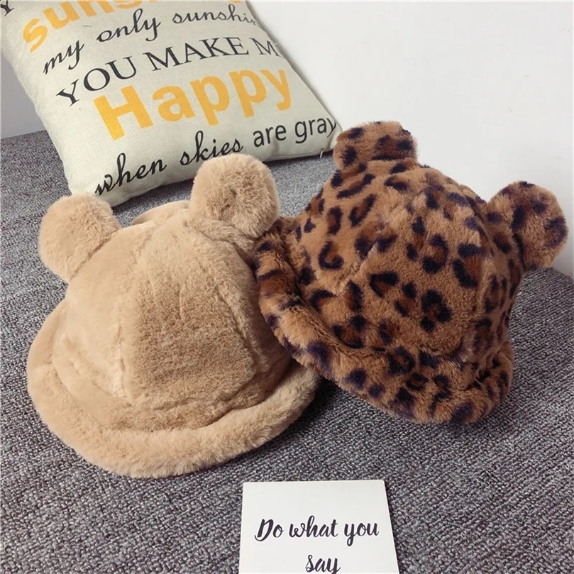 Korean Winter Baby Plush Bucket Hat Solid Faux Fur Warm Kids Fisherman Cap Cute Cartoon Leopard Print Toddler Panama Bonnet 241225