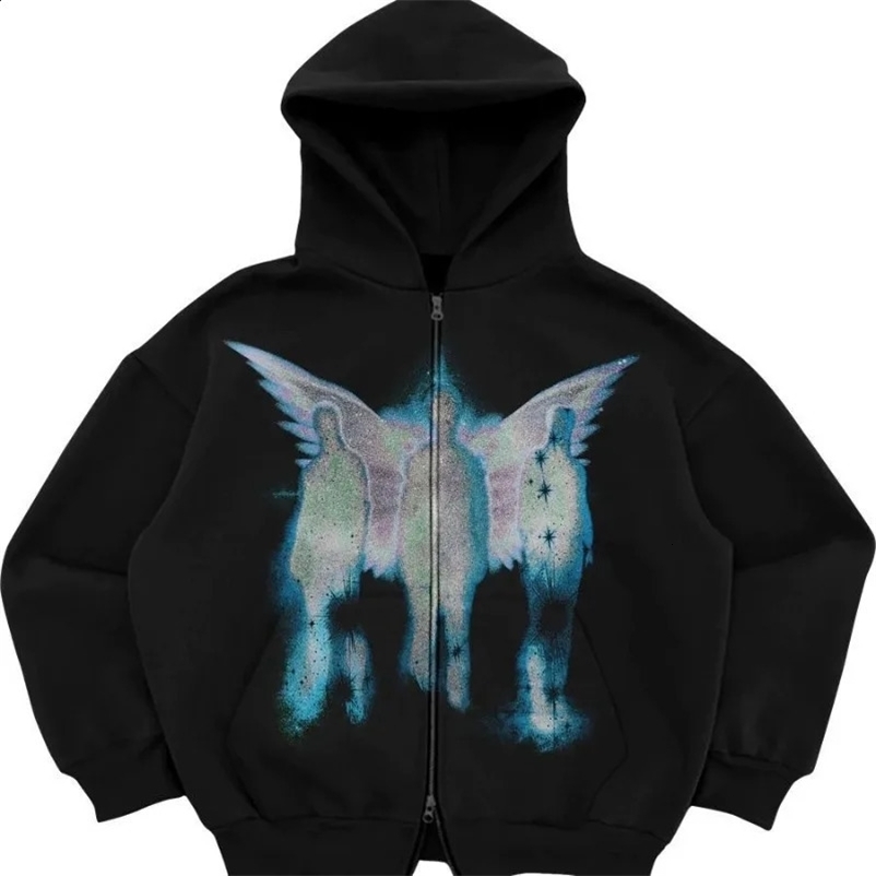 Street sports zipper printed cardigan 2024 street trend hoodie fashionable mens Y2K loose retro pocket sweater 240909bj