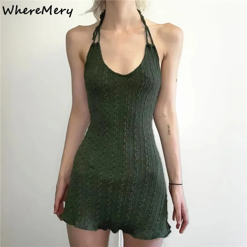 WhereMery Vintage Knitted Halter Short Dress Sexy Bandage Hollow Out Backless Dresses Elegant Sleeveless Texture Party Dresses 250322