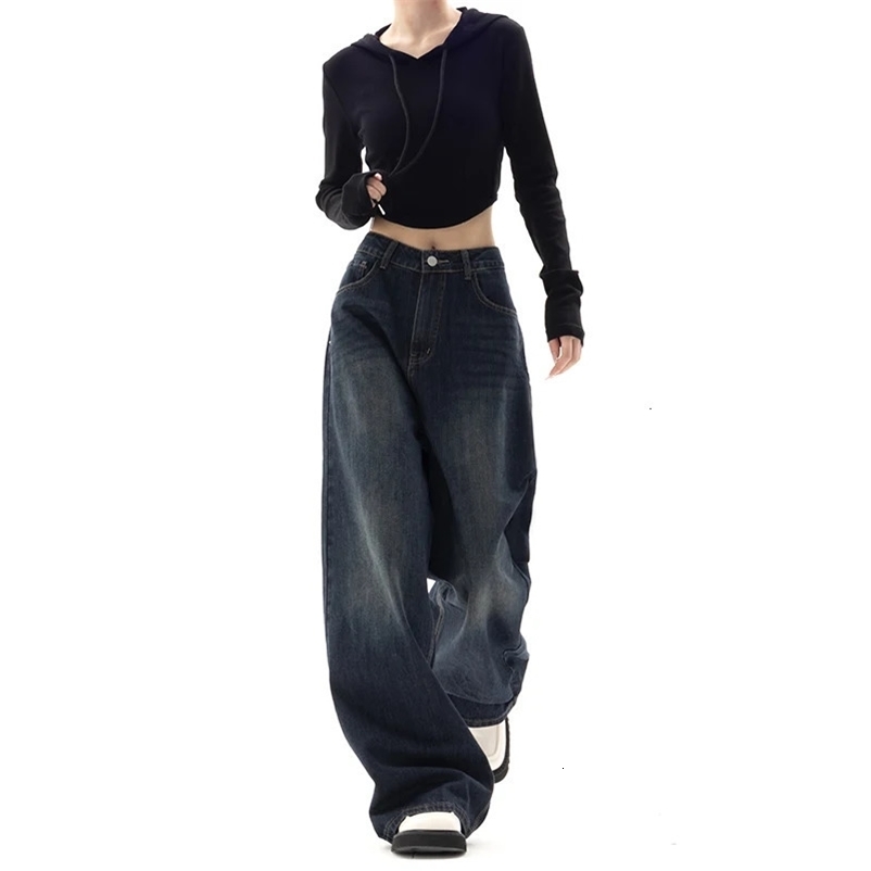 HOUZHOU Vintage Baggy Jeans Women Streetwear Y2k Wide Leg Oversized Harajuku Denim Trouser Autumn Korean Fashion Jeans Pants 240806