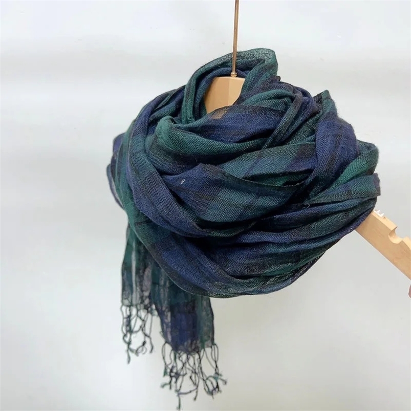 Breathable 100% linen scarves green plaid retro linen scarf womens artistic versatility spring and summer shawls and scarves 240711