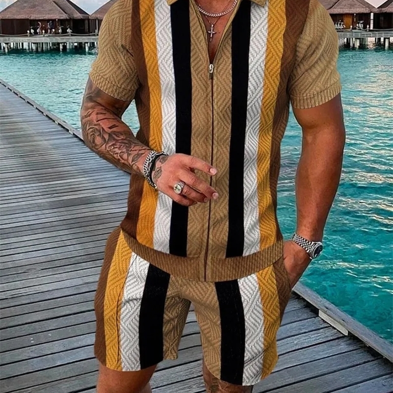 Summer Trend Casual Mens Tracksuit Set Fashion Retro 3D Print Zipper Collar Polo Shirt and Shorts 2pcs Sets Oversized Pullover 250409