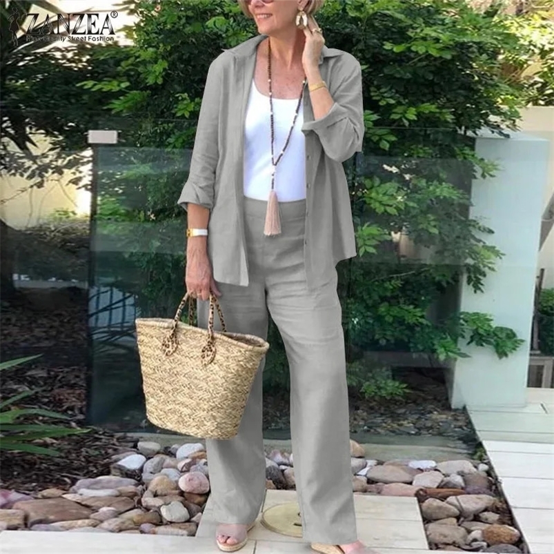 Autumn Cotton Linen Sets Womens Outifits Mathing Grey Long Sleeve Lapel Shirt Blouse Casual Long Pant Two Piece Tracksuit Suits 240812