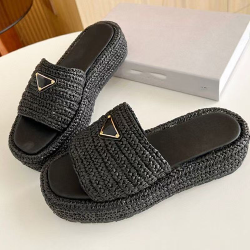 Women Slippers Crochet Flatform Slides Summer Sandals Platform Beach Chunky raffias High Quality black white Designer Mules Outdoor Woven Straw Slip