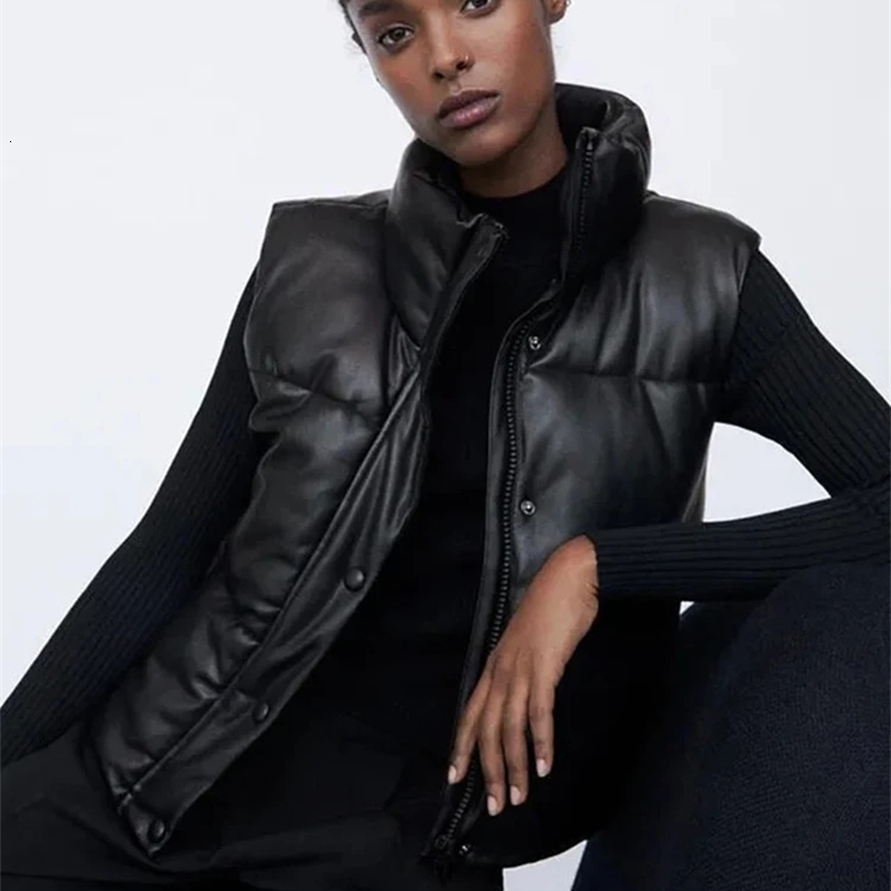 Jmprs Winter Fashion Womens Fluffy Tank Top Thick Warm Parkas Jacket Black Pu Womens Jacket Artificial Leather Down Jacket 240830bj