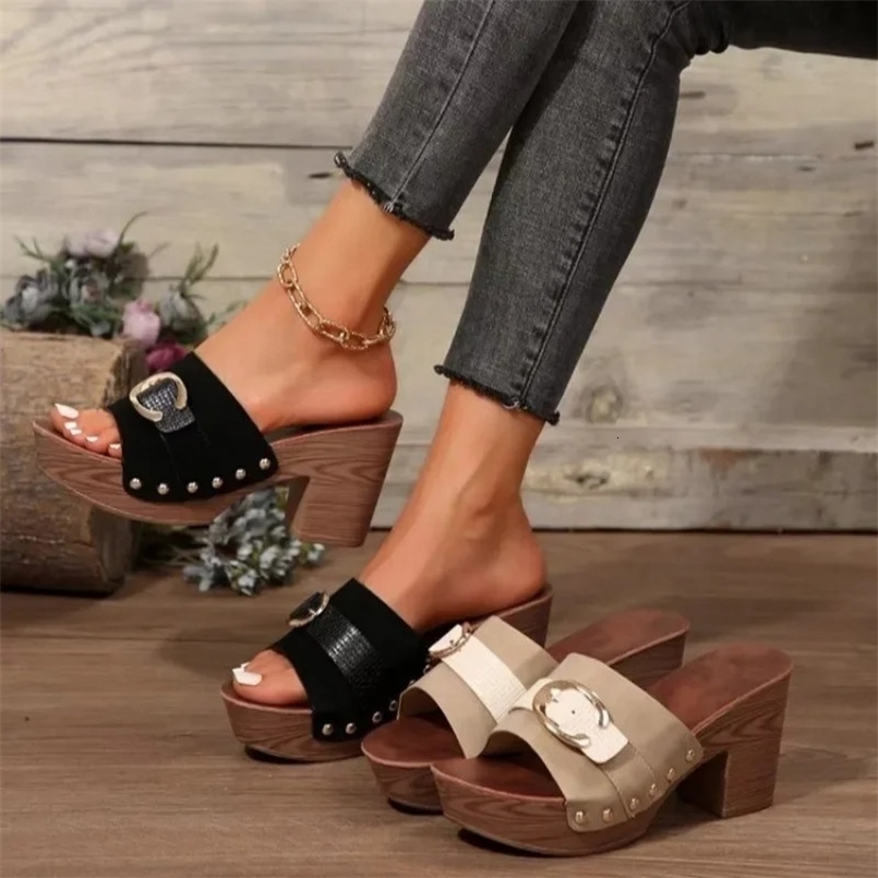 Summer High Quality Womens Shoes Open Toe Fashion Large Size Solid Color Thick Heel Buckle Womens High Heel Slippers 250118