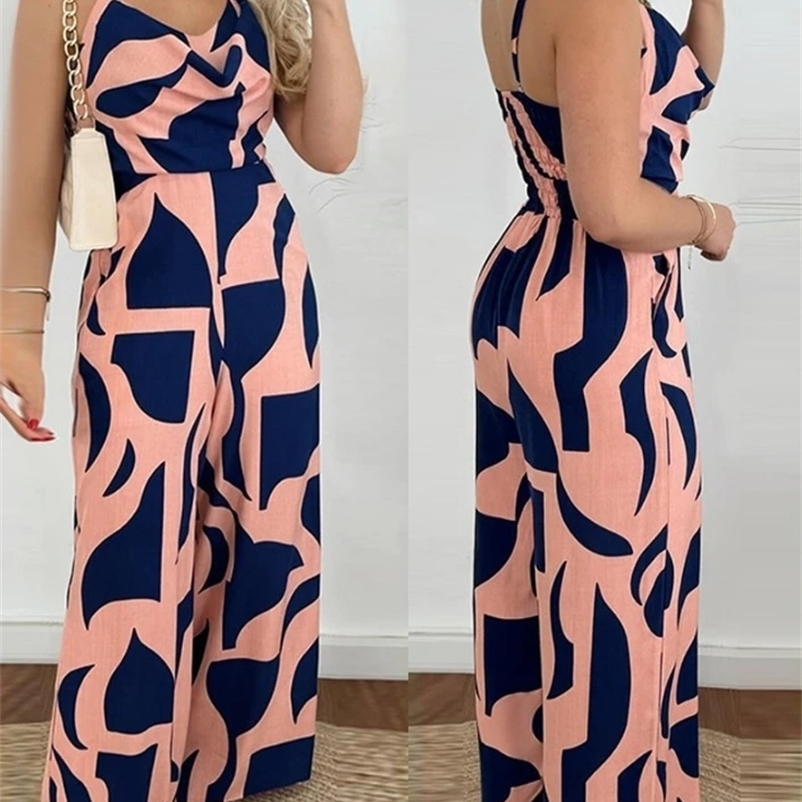 Casual full set spaghetti shoulder strap pocket full set printed swing collar sleeveless allows printing high waist wide leg loose jumpsuit240802bj
