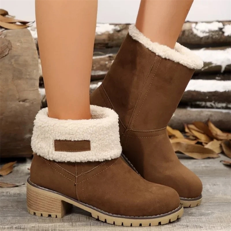 Autumn and Winter Fashion Casual Comfortable Plus Velvet Warm Square Heel Round Toe Solid Color Womens Ankle Boots 250213