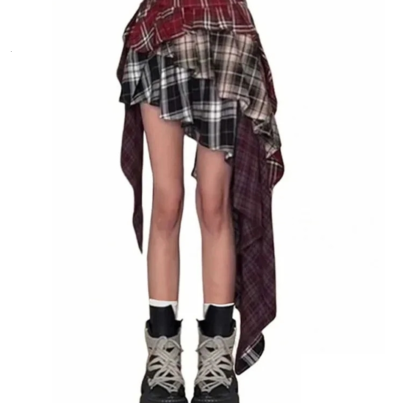 Vintage Fashion Grunge Plaid A-line Skiing Summer Womens High Street Sexy Ultra Thin Mini Skiing Asymmetric Y2k Street Clothing 240828bj