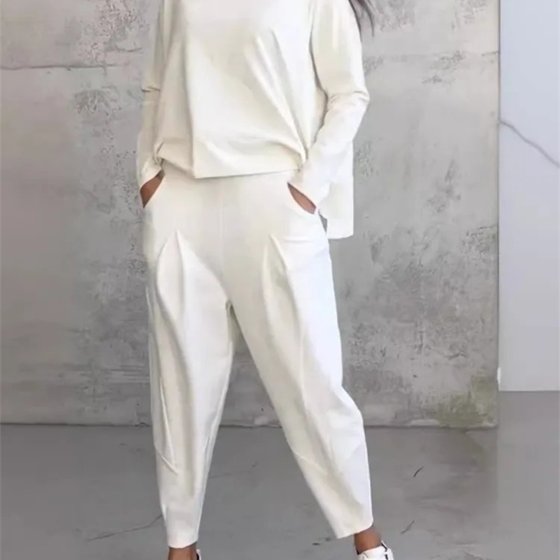 Spring Autumn Solid Womens Sports Set Fashion Long Sleeve Irregular Loose Top Harem Pants Two Piece Set For Women Outfits 250116